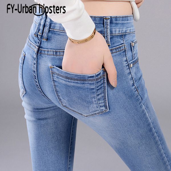 

female jeans trouser high waist stretch cuffs lace jeans woman plus size feminina skinny pencil pants slim ripped elastico, Blue