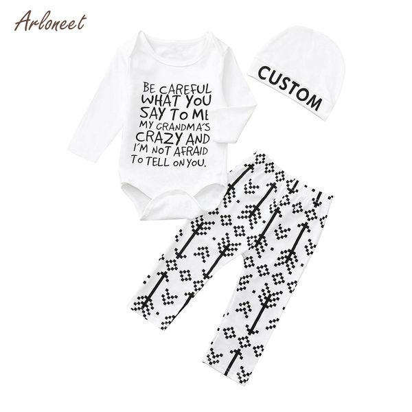 

arloneetnewborn baby boys girls fashion outfits sets baby long sleeve letter robes+arrow pants+hat 3pcs new year's kids clothes, White