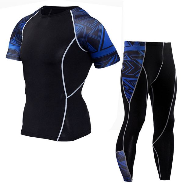 

yd high elastic printing men's running set short sleeve shirt and leggings sport suit men gym sport clothing fitness sportswear, Black;blue