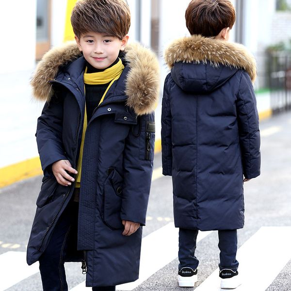 

30 degrees boys winter russia thickening warm down jackets coats children long section knees fur collar hooded jacket boy down, Blue;gray