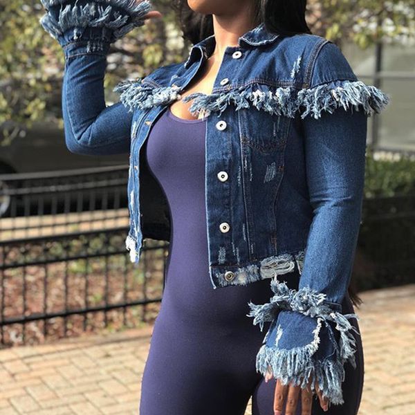 

2018 spring autumn elegant women ripped single breasted tassel jeans jacket long sleeve denim jackets casual hole bomber jackets, Black;brown