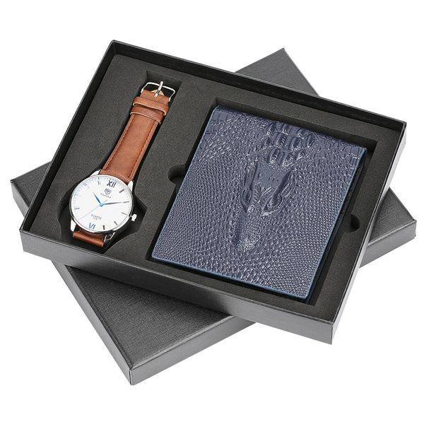 

men watch wallet gift box set business casual wristwatch leather men's clock quartz watches for present father friends 2018 new, Slivery;brown