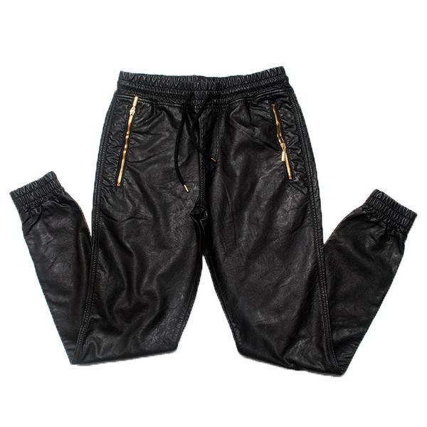 

High Fashion Mens Designer Leather Pants Skinny Joggers Gold Zipper Designed Elastic Waist Jogger Pants S to 2XL