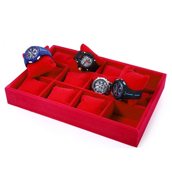 

12 grids red flocking watch case jewelry display box, Black;blue