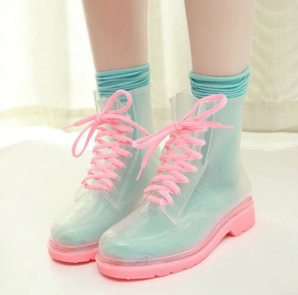 

korean fashion short tube rain shoes women's transparent jelly martin rain boots low waterproof shoes rubber shoes one generation, Black;white