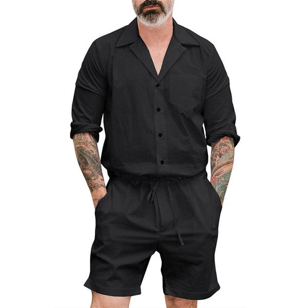 

men's short one piece romper playsuits man short sleeve button shorts jumpsuits male casual cargo pants palysuit overalls summer, Gray