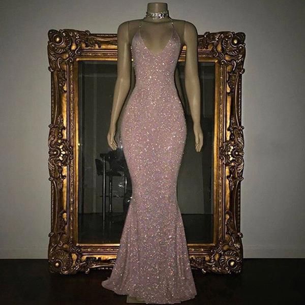 

2018 New Stunning Rose Pink Sequined 2K18 Prom Dresses Sexy Spaghetti Straps Mermaid Sleeveless Evening Gowns vestidos de novia