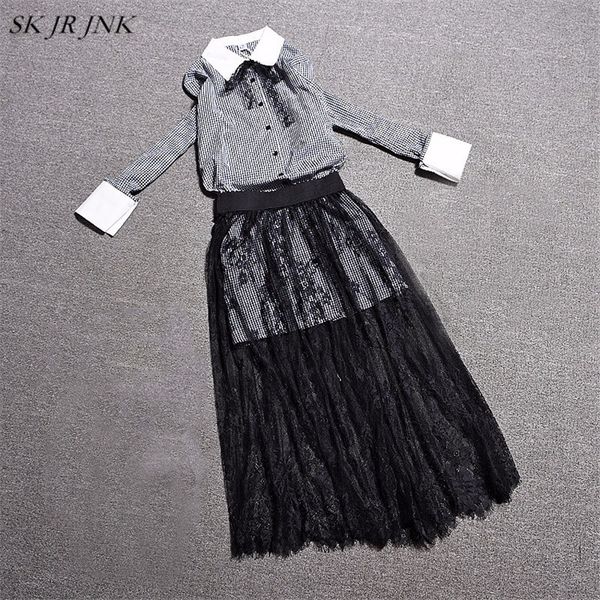

summer women's suits and pants outfits fashion casual plaid lapel shirt lace mesh midi skirts women 2 piece sets sr422, White