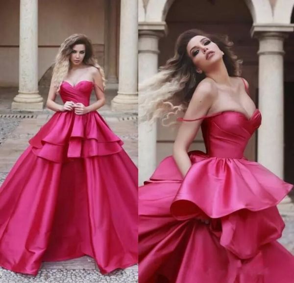 Prom Fuchsia Kleider Schichten Rock Seide Satin formelle lange Abendkleider Spaghetti Straps Mädchen Festzug Speziales Ocn Kleid