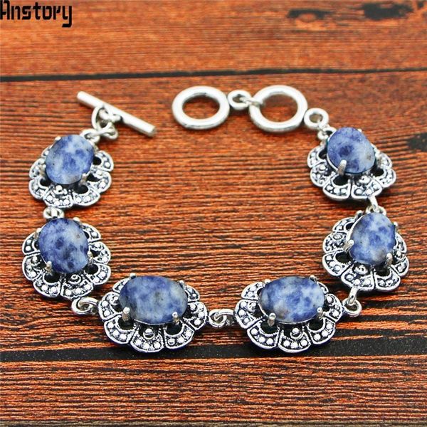 

oval natural river stone bracelet plum flower design vintage look antique silver plated fashion jewelry tb342, Golden;silver