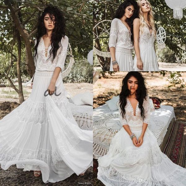 Fließende, ausgestellte Brautkleider der griechischen Göttin 2018 Inbal Raviv Häkelspitze Urlaub Sommer Strand Land Boho Brautkleid mit Ärmeln