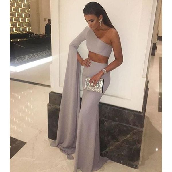 

2019 Fashion Silver One Shoulder Long Sleeve Two Pieces Cheap Prom Dresses Long Formal Prom Party Gowns