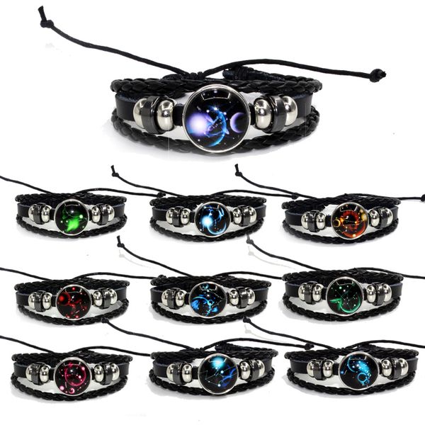 

12 constellations beaded hand woven fashion leather bracelet and moon pendant zodiac jewelry dhl g291s, Golden;silver