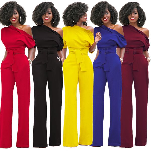 

women's jumpsuit summer overalls half sleeve off should solid rompers jumpsuits bodycon elegant bodysuit wide legging pants, Black;white