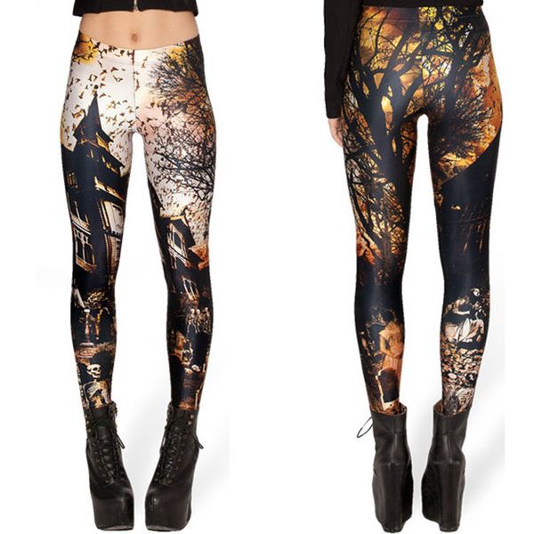 

famale leggin elasticity clothing 2018 fashion women space horror skinny pantalones haunted house castle plus size leggings, Black;blue