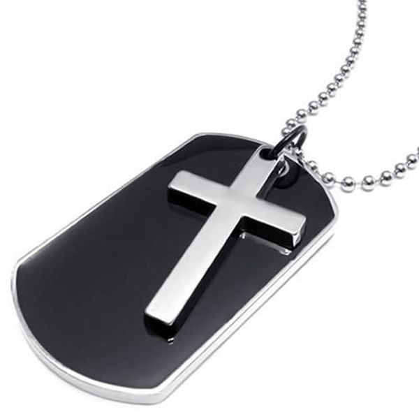 

army style dog tag cross pendant mens necklace, color black silver, 27 inch chain
