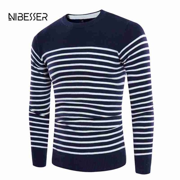 

nibesser male stitching striped sweaters men's round neck knit sweaters slim fashion casual dark embossed men's pullover sweater, White;black