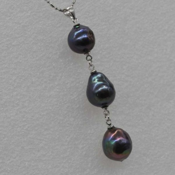 

3pcs 11.5-13mm black kasumi pearl pendant 50cm length chain q30332, Silver