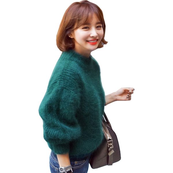 

new autumn winter sweater women half-high collar long-haired mink mohair thick loose lantern sleeve pullover vestidos lxj181, White;black
