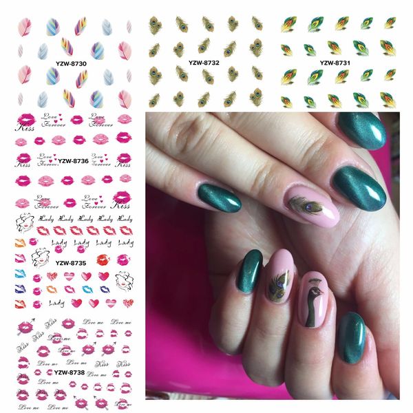 

yzwle 1 sheet optional watermark nail stickers feather lips designs nail art water transfer sticker decals nails wraps decor, Black