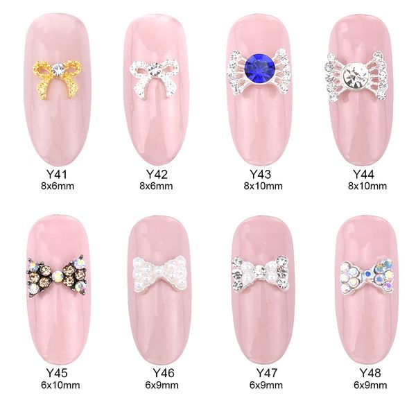 

10pcs nail art pearl bow 3d alloy ab rhinestones bow tie nail decoration accessories supplies y41~48, Silver;gold