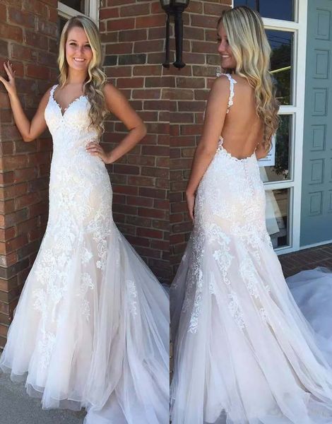 

custom lace mermaid wedding dresses 2020-v neck appliqued open back spaghetti backless court train wedding bridal gowns, White