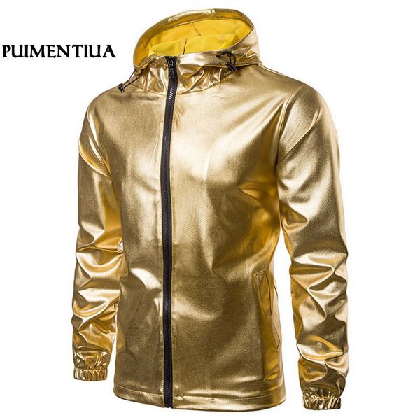 

puimentiua spring autumn gold silver stamping jackets with zipper men casual hooded coats for male patchwork jaqueta masculina, Black;brown