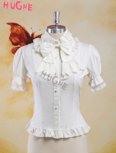 

sweet white cotton lolita blouse short sleeves lace trim bows ruffles, Black;red