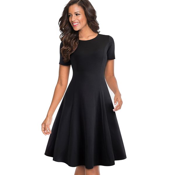 

women vintage solid short sleeve o-neck dress fashion casual elegant party swing a-line vestidos dress ea110, Black;gray