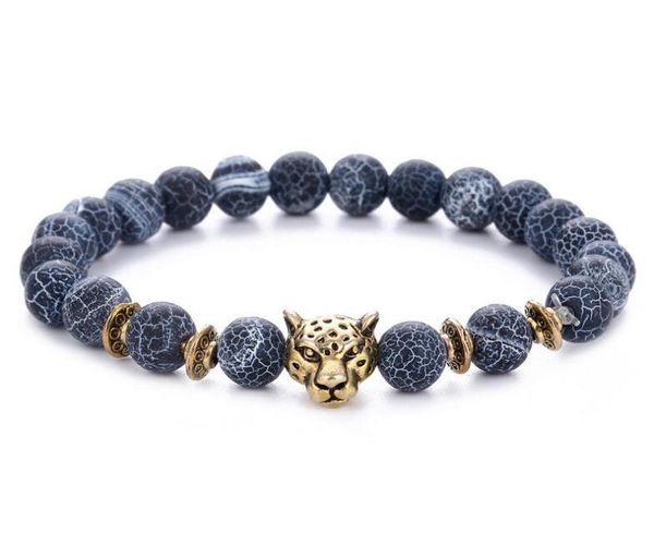 Heißer Verkauf 8mm Schwarz Perlen Stränge Armbänder Verwitterte Achat Legierung Gold/Silber Leopard Kopf Perlen Hand Handgelenk Ring schmuck