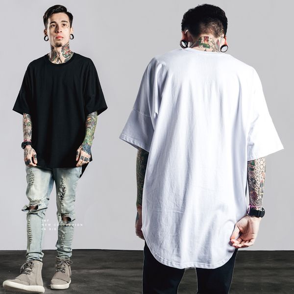 Bbtx135 t-shirt masculina longo t-shirt vestuário t-shirt bence bainha de manga comprida camisa hip hop cidade sólida cor branca