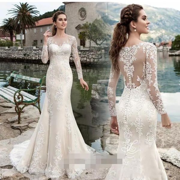 

сексуальная русалка свадебные платья 2020 кнопка назад длинные рукава свадебные платья sweep поезд кружева свадебное свадебное платье vestid, White