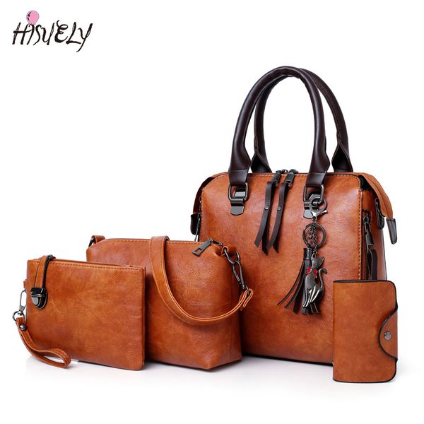 

4 pcs sets wax oil leather bag ladies handbags women designer shoulder bag tassel famous sac a main bolsa feminina
