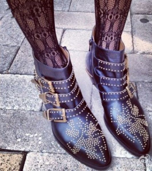 

susanna style rivets booties buckle straps thick heel black ankle boots studded decorated motorcycle boots shoes women