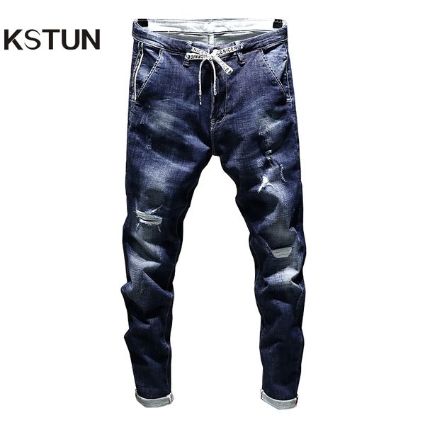 

kstun new arrivals jeans men's stretch biker ripped pants blue drawstring slim fit tapered torn distressed boys student joggers