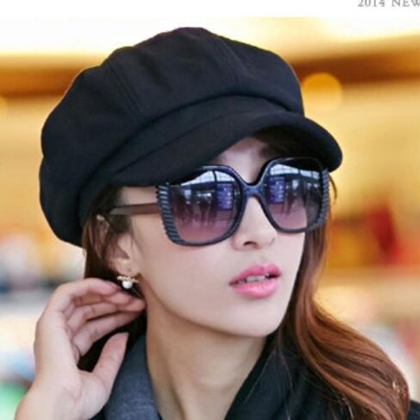

hat female winter beret korean version of the octagon hat autumn winter trim face show thin wool beret black cap, Blue;gray