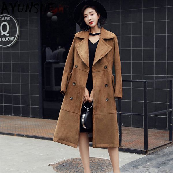 

ayunsue winter trench coat 2018 womens classical double breasted windbreaker long sleeve suede female overcoat lx1930, Tan;black