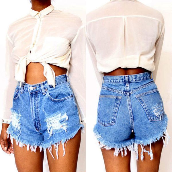 

women vintage ripped hole high waisted denim shorts jeans pants trousers, Black
