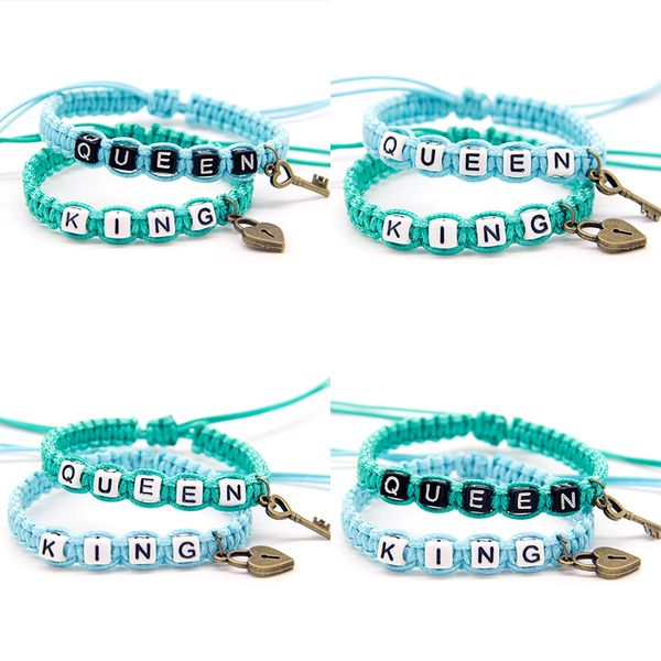 

2pcs/pair elegant couple bracelets blue king and queen with key lock rope chains lovers gifts beaded charm bracelet accessories, Golden;silver