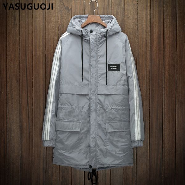 

men's down & parkas yasuguoji 2021 fashion striped spliced winter jacket men thicken cotton-liner parka hooded long mens coat camperas, Black