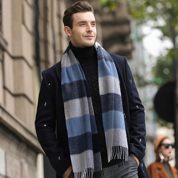 

new wool scarf autumn winter men's plaid scarf fashion design tassel thickening warm long wild, Blue;gray