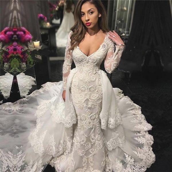 

deep v neck lace mermaid wedding dresses illusion long sleeves tulle tiered overskirts bridal gowns sweep train wedding de noiva, White