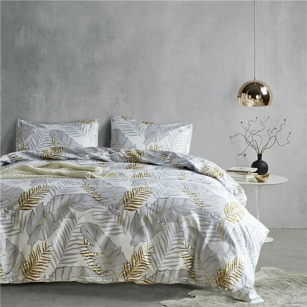 Grey Leaves Pattern Polyester Fiber 2 Bedspread Pillowcase Duvet