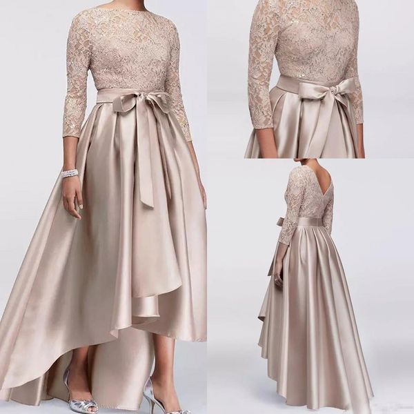 

champagne high low mother of the bride dresses with long sleeve 2018 plus size lace stain jewel mother of groom wedding guest dress, Black;red