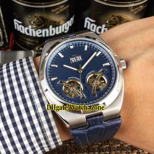 

beat overseas 43mm date blue dial automatic double tourbillon silver case mens watch leather strap gents watches, Slivery;brown