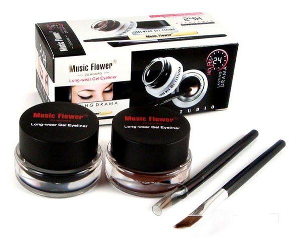 

music flower 1007 lasting drama gel eyeliner 2color black brown 2 in 1 with brush set