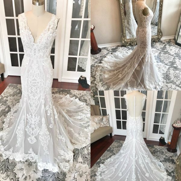 2019 Abiti da sposa a sirena Scollo a V profondo Pizzo Appliqued Perle Sweep Train Strass Abiti da sposa country Immagini reali Abito da sposa