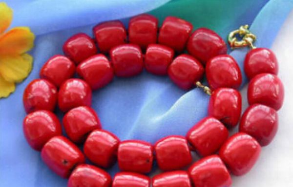 

gt;>>huge 19" 16mm column red coral bead necklace, Silver