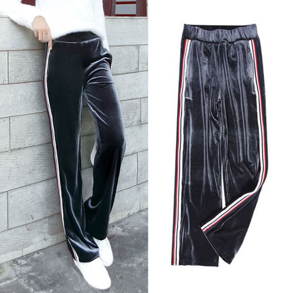 

Women Velvet Wide Leg Pants 2018 Retro Striped Loose Full Length Pants Casual Elastic Waist Joggers S - 2XL