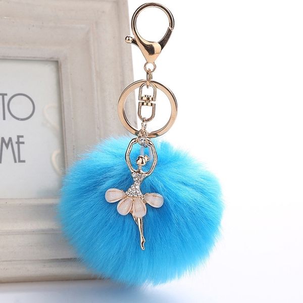 

new lovely rhinestone dance girl key chain women cute 8cm faux fur pompom ball car key ring bag accessories gift jewelry, Slivery;golden